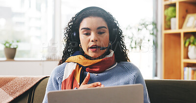 Buy stock photo Woman, talk and video call on laptop at house for information, customer support and advice. Female agent, remote work and headset for online meeting, telecom survey and questions of webinar procedure