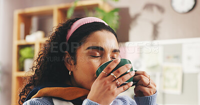 Buy stock photo Coffee, relax and woman on sofa in house with calm, peace and morning in living room for break. Happy, lounge and female person drinking latte, cappuccino or warm beverage on couch in apartment.