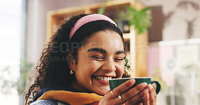 Buy stock photo Coffee, smile and woman on sofa in home with calm, peace and morning in living room for break. Relax, lounge and female person drinking latte, cappuccino or warm beverage on couch in apartment.