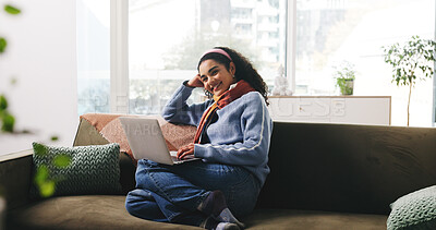 Buy stock photo Woman, laptop and relax on sofa, happy and streaming service for movies, video or series in home. Girl, computer and smile with subscription, film and chill on couch in living room at apartment