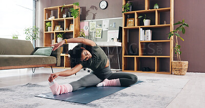 Buy stock photo Stretching, yoga and woman in home in morning for flexibility, calm or balance in living room. Pilates, zen and female person with exercise on mat in lounge for wellness, health or activity in house.