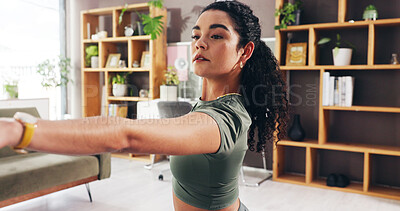 Buy stock photo Woman, stretching and pilates in living room for fitness, flexibility and getting ready in morning. Girl, warm up and start in home lounge for wellness, health and exercise or self care yoga workout
