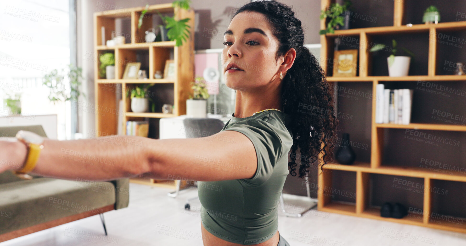 Buy stock photo Woman, stretching and pilates in living room for fitness, flexibility and getting ready in morning. Girl, warm up and start in home lounge for wellness, health and exercise or self care yoga workout