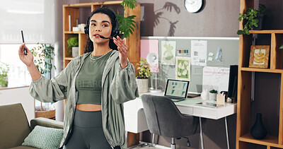 Buy stock photo Home office, freelancer and woman with headset, talk and wellness coach with advice or consultation. House, online fitness or person with mic for virtual chat, remote work and laptop with client data