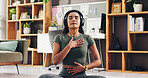 Woman, breathing or audio therapy with headphones for zen exercise or technique in home. Female person, yoga and relaxation with sound or harmony for inner peace, mindfulness or life balance in house