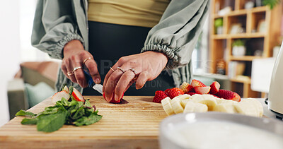 Buy stock photo Person, hands and meal prep with fruit for diet, ingredients or natural organic food in home. Closeup, nutritionist or cutting strawberries with knife on chopping board for healthy recipe or smoothie