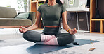 Hands, woman and lotus pose for yoga at house for fitness, spiritual healing and holistic balance. Person, meditation and yogi exercise for peace, mindfulness practice and self awareness for wellness