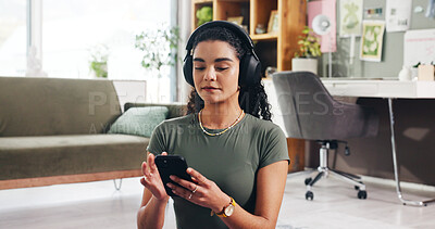 Buy stock photo Woman, fitness and listening with headphones for audio therapy, yoga or spiritual wellness in home. Female person, yogi or research on mobile smartphone app for sound podcast, tutorial or mindfulness