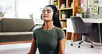 Calm woman, home and audio therapy with headphones in relax for breathing exercise or technique. Female person, yoga and relaxation with sound or harmony for inner peace, mindfulness or life balance