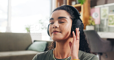 Buy stock photo Relax, peace and headphones with woman in home for streaming service, wellness podcast and mindset. Zen audio, meditation guide and calm sound with person in living room of apartment for music