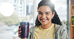 Portrait, happy and woman with smoothie, home or nutrition for gut health benefits, detox and drink. Fresh, protein shake and person with smile for wellness, vitamin c and organic beverage in house