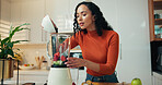 Fruit, blender and woman with smoothie in kitchen for health, wellness or breakfast in home. Morning, nutrition and female person with ingredients for vitamins, organic or shake for diet in house.