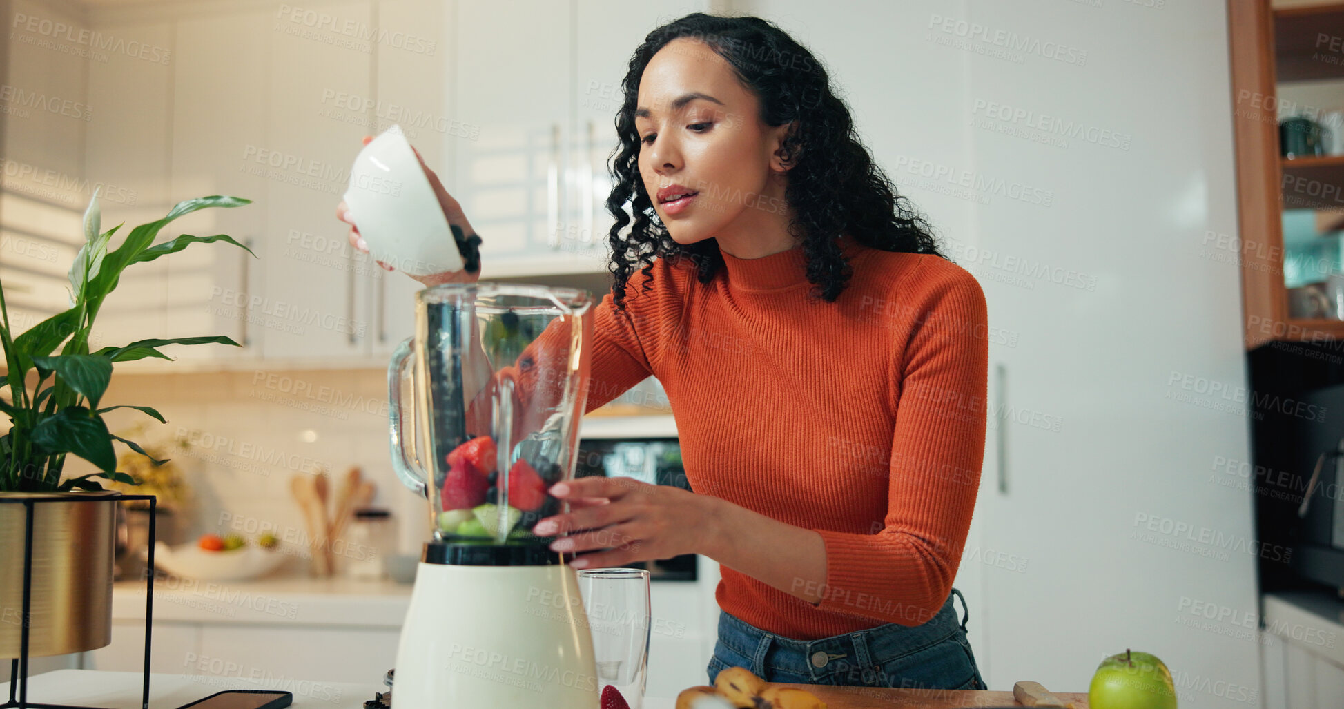 Buy stock photo Fruit, blender and woman with smoothie in kitchen for health, wellness or breakfast in home. Morning, nutrition and female person with ingredients for vitamins, organic or shake for diet in house.