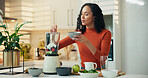 Yogurt, blender and woman with smoothie in kitchen for health, wellness or breakfast in home. Morning, nutrition and female person with fruit for vitamins, organic or shake for diet in house.