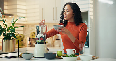 Buy stock photo Yogurt, blender and woman with smoothie in kitchen for health, wellness or breakfast in home. Morning, nutrition and female person with fruit for vitamins, organic or shake for diet in house.
