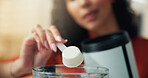 Scoop, nutrition and hands with supplement, home and preparing protein shake, healthy and vitamin c. Self care, wellness  and woman with powder ingredient for detox benefits, diet and fiber in house