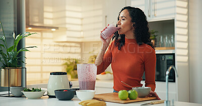 Buy stock photo Woman, blender and drinking with smoothie in kitchen for diet, nutrition or wellness in home. Female person, nutritionist or beverage with natural organic fruit for protein shake or vitamins in house