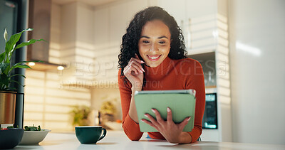 Buy stock photo Smile, coffee and tablet with woman in kitchen for reading, social media post and news feed. Network, digital subscription and email newsletter with person and tea in home for relax, app and search