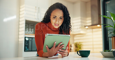 Buy stock photo Confused, coffee and tablet with woman in kitchen for reading, social media post and news feed. Network, digital subscription and email newsletter with person and tea in home for shock, app or search