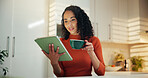 Relax, coffee and tablet with woman in kitchen for reading, social media post and news feed. Network, digital subscription and email newsletter with person and tea in home for smile, app and search