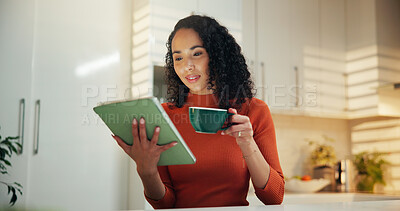 Buy stock photo Relax, coffee and tablet with woman in kitchen for reading, social media post and news feed. Network, digital subscription and email newsletter with person and tea in home for smile, app and search
