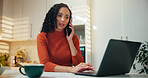 Laptop, phone call and remote work with woman in kitchen of home for small business startup. Coffee, communication and computer with freelance employee in apartment for online planning or research