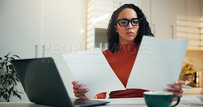 Buy stock photo Woman, reading and paperwork with laptop at house for finance report, budget planning and payment. Female person, documents and pc for expenses, mortgage bills and invoice information of banking loan