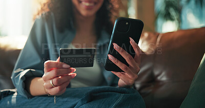 Buy stock photo Hands, phone and credit card on sofa with online shopping, sale and easy payment on web in home. Person, smartphone and digital banking on mobile app, fintech or discount deal with ecommerce at house