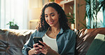 Typing, phone and search with woman on sofa for social media, communication and networking app. Bokeh, news update and chat forum with person in home for text message, connection and contact
