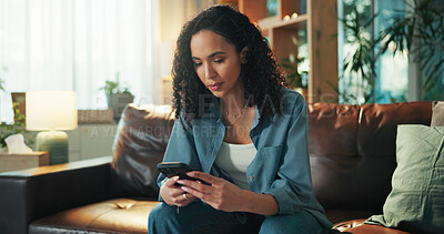 Buy stock photo Relax, phone and search with woman on sofa for social media, communication and networking app. Reading, news update and chat forum with person in home for text message, connection and contact