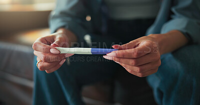 Buy stock photo Hands, person and reading pregnancy test at house for fertility results, information and maternity news. woman, waiting and check kit for family planning, pregnant confirmation and conception outcome