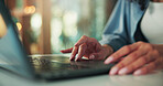 Hands, hybrid work and woman with laptop in home office for research, email or review article. Computer, keyboard and freelance person typing for project or journalist editing news report with bokeh