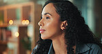 Thinking, ideas and businesswoman in office at night planning for creative project with publishing. Brainstorming, memory and female copywriter reading online article, email or blog post in workplace