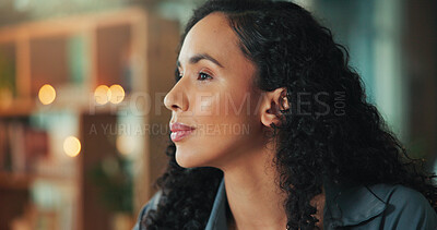 Buy stock photo Thinking, ideas and businesswoman in office at night planning for creative project with publishing. Brainstorming, memory and female copywriter with problem solving, decision or choice in workplace