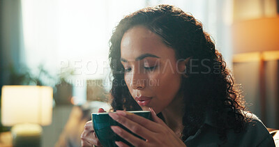 Buy stock photo Thinking, coffee and woman on sofa in home for calm, peaceful and break in morning on weekend. Cappuccino, ideas and female person with warm beverage for nostalgia, memory or reflection in house.