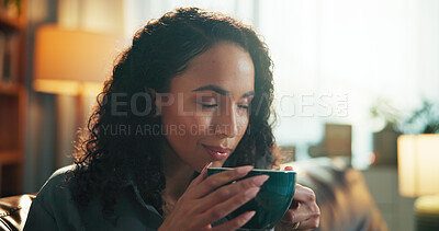 Buy stock photo Smile, coffee and woman on sofa in home for calm, peaceful and break in morning on weekend. Cappuccino, happy and female person with drinking warm beverage for relaxing in living room at apartment.