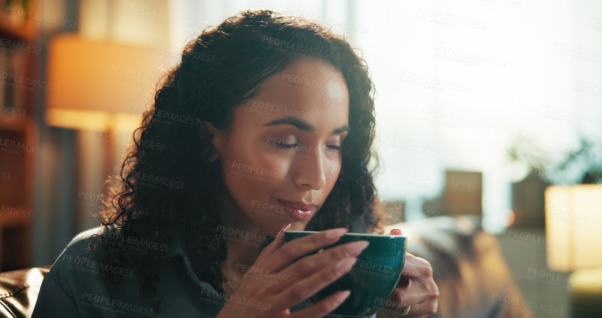 Buy stock photo Smile, coffee and woman on sofa in home for calm, peaceful and break in morning on weekend. Cappuccino, happy and female person with drinking warm beverage for relaxing in living room at apartment.