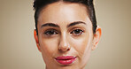 Portrait, woman and skincare for shine, beauty or cosmetics for smooth skin, healthy or dermatology. Soft, wellness and hydration of face for glow, studio background and person with pride in USA
