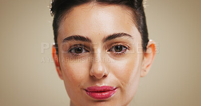 Buy stock photo Portrait, woman and skincare for shine, beauty or cosmetics for smooth skin, healthy or dermatology. Soft, wellness and hydration of face for glow, studio background and person with pride in USA