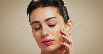 Buy stock photo Woman, makeup and touch with beauty in studio, eye lashes and results with mockup space on background. Girl, model and eyeshadow with change, cosmetics and red lipstick with facial transformation
