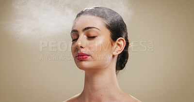 Buy stock photo Spray, beauty and makeup with woman in studio with setting mist, skincare product and cosmetics. Hydration, glow and dermatology treatment with person on brown background with space, facial and shine