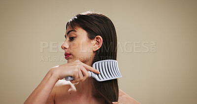 Buy stock photo Hair, brush and beauty with woman in studio for salon maintenance, volume and texture. Keratin treatment, self care and scalp stimulation for growth with person on background for shine and space