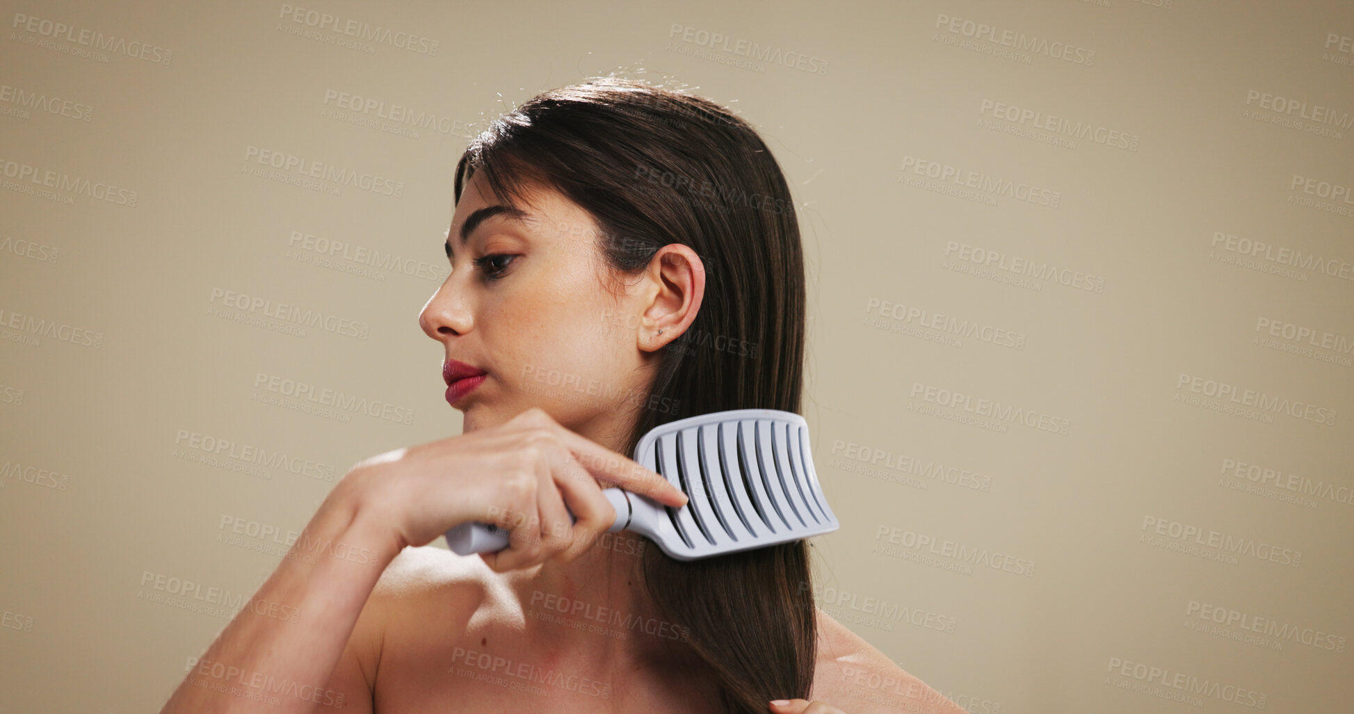 Buy stock photo Hair, brush and beauty with woman in studio for salon maintenance, volume and texture. Keratin treatment, self care and scalp stimulation for growth with person on background for shine and space