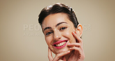 Buy stock photo Portrait, skincare and happy woman with makeup for beauty, aesthetic or self care with glow. Facial, lipstick cosmetics and smile with model for shine, cosmetology or space on brown studio background