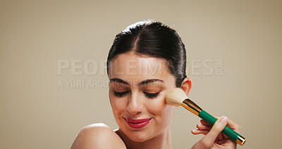 Buy stock photo Cosmetics, makeup and brush with woman in studio for blush, beauty and foundation application. Contour tools, powder and cosmetology with person on background for glow, self care and shine space