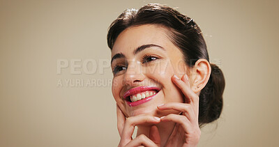 Buy stock photo Happy, woman and skincare for glow, beauty and cosmetics for smooth skin, confident and dermatology. Soft, wellness and hydration of face for shine, studio background and person with smile in USA