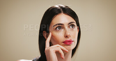 Buy stock photo Beauty, idea and thinking with woman on studio background for cosmetic vision or touch. Makeup, dermatology and skincare glow with female model on space for facial results, lipstick color or wellness