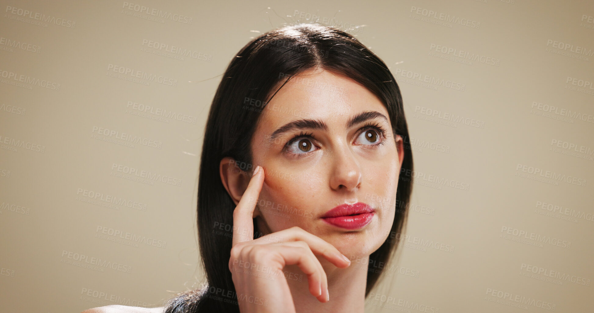 Buy stock photo Beauty, idea and thinking with woman on studio background for cosmetic vision or touch. Makeup, dermatology and skincare glow with female model on space for facial results, lipstick color or wellness