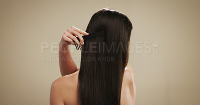 Buy stock photo Hair, comb and beauty with back of woman in studio for salon maintenance, volume and texture. Keratin, self care and scalp stimulation for growth with person on background for shine and space