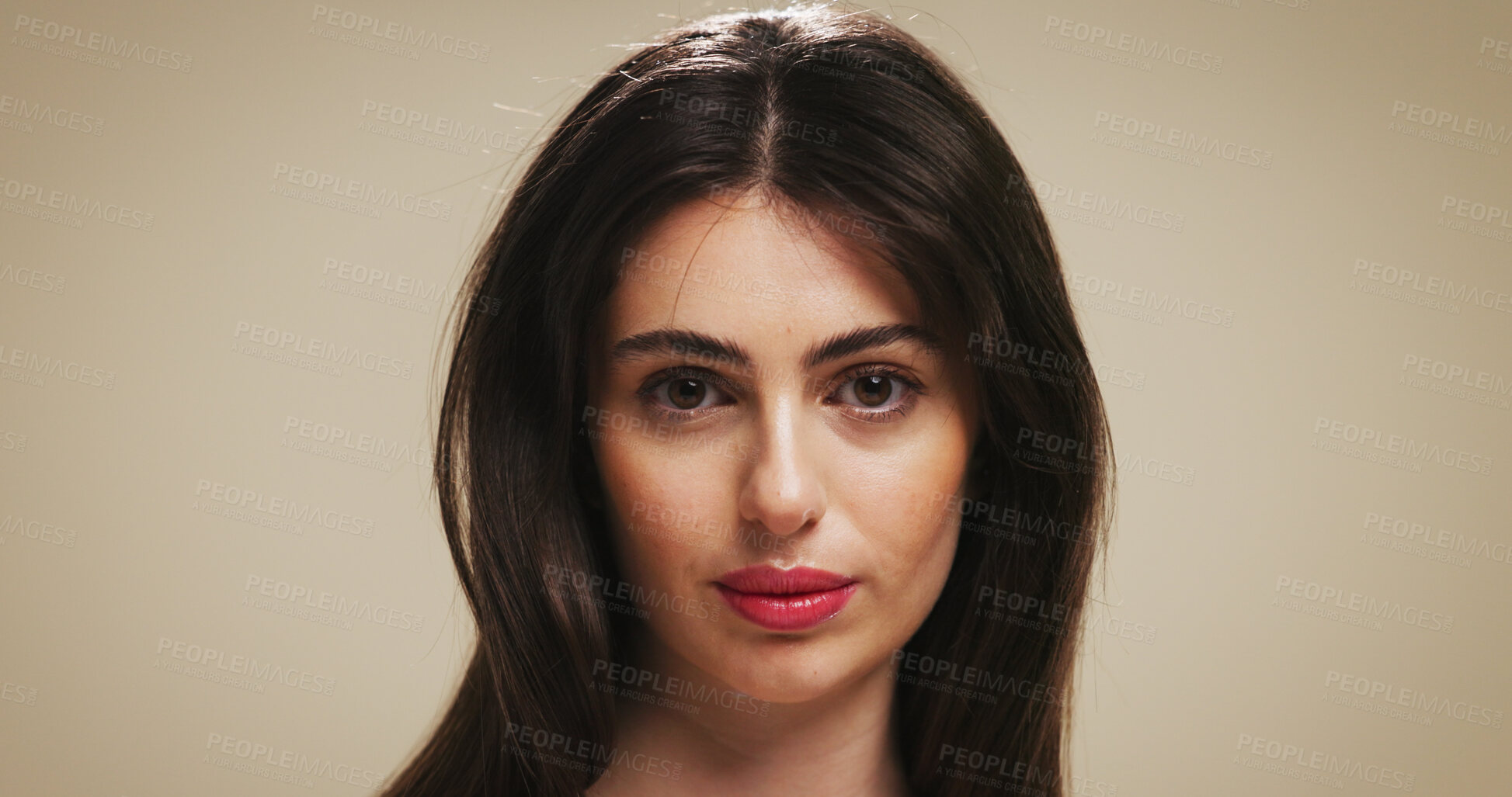Buy stock photo Woman, portrait and beauty with makeup for cosmetics or haircare on a studio background. Face, female person or model with confidence for facial treatment, volume or hair texture on mockup space